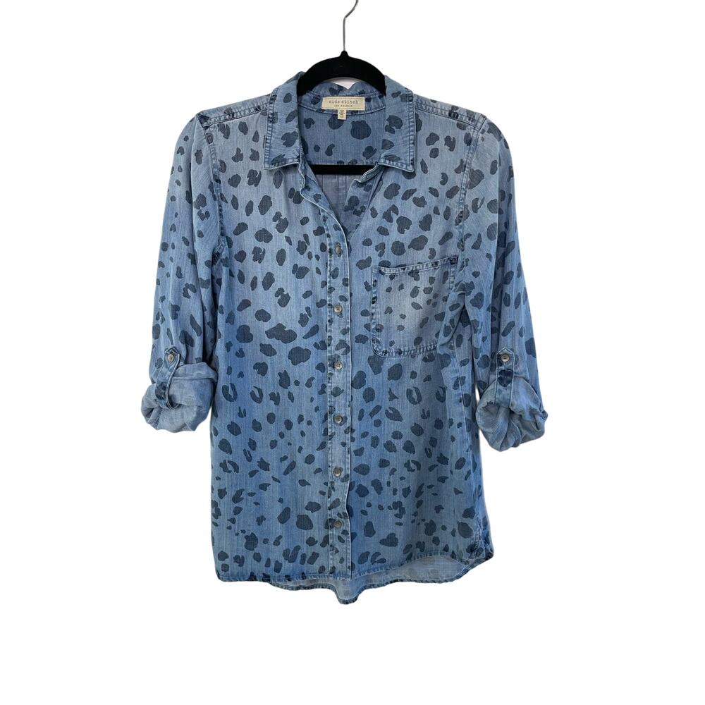 Side Stitch Button-Down Shirt Animal Print Painted‎ Polka Dot Blue Women's XS - Picture 2 of 11